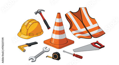 Essential construction tools safety vest and traffic cone ready for any building project or roadwork scenario
