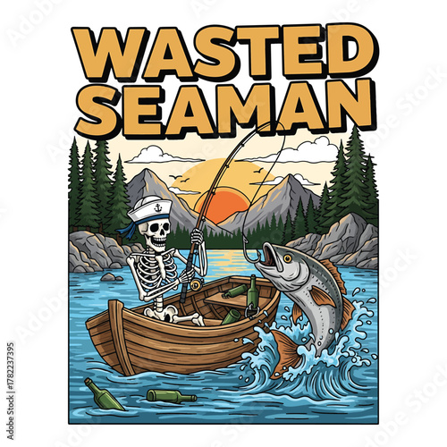 Skeleton fisherman in a boat catches a large jumping fish in a scenic mountain lake at sunset vector illustration