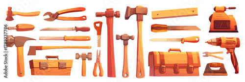 Cartoon woodworking tool set. Axe hammer saw screwdriver pliers file box wood workshop repair lumberjack carpenter joiner vector illustration