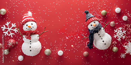 Snowman Christmas decoration, Cute holiday snowmen on red, Festive winter background