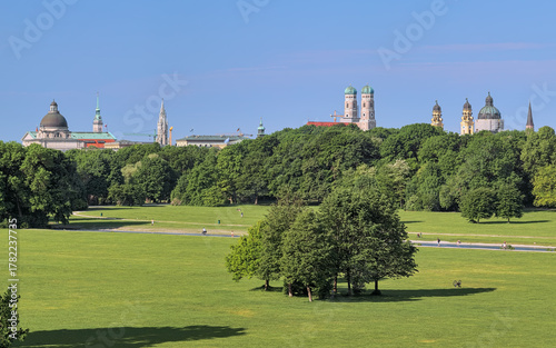 Munich skyline, view from English garden, Germany