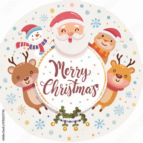 Festive Holiday Wishes Merry Christmas Greeting with Santa, Reindeer, Snowman, and Cheerful Characters