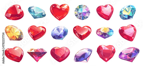 Diamonds cartoon set. Diamond heart, jewelry stone symbol love treasure jewel vector illustration
