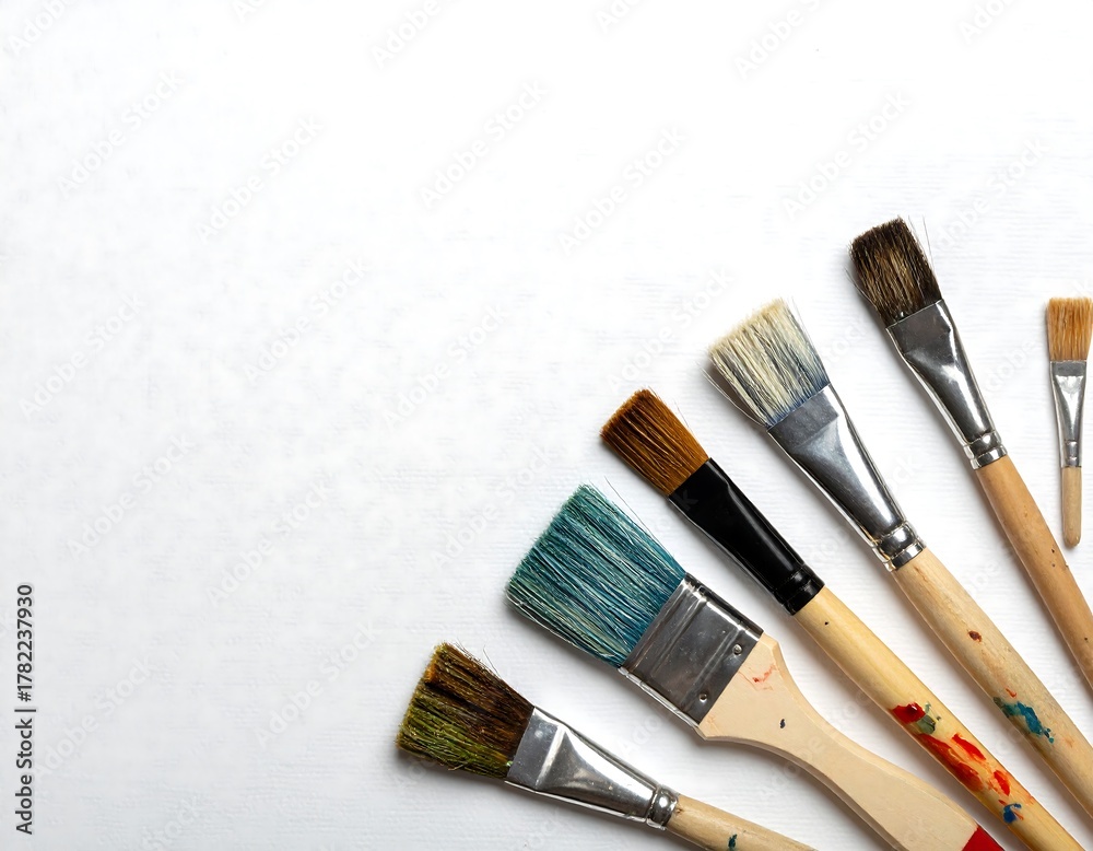Fototapeta premium Several paintbrushes of varying sizes and bristle types are arranged diagonally against a stark white background. Light illuminates the scene evenly