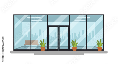 Modern glass office building entrance with city skyline reflection and potted plants, welcoming professional space