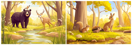 Forest animals cartoon background. Bear deer hedgehog squirrel hare in the forest, summer fairytale children character vector illustration