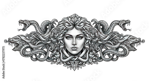 Medusa's captivating gaze with serpent hair in detailed monochrome illustration, ideal for mythological themes and striking visual designs, a powerful iconic figure