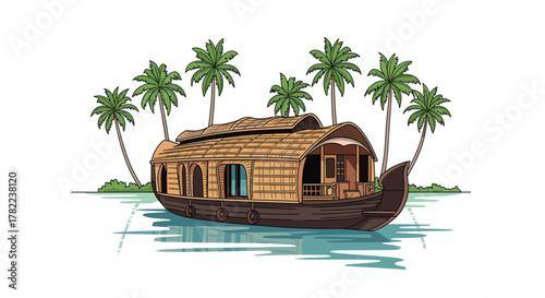 Serene houseboat glides on tranquil turquoise waters surrounded by lush palm trees and tropical foliage