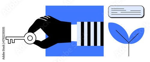 Hand holding key, minimalist leaf graphic, and document block. Ideal for security, growth, opportunity, unlocking potential, sustainability, business strategy and modern concepts in a simple flat
