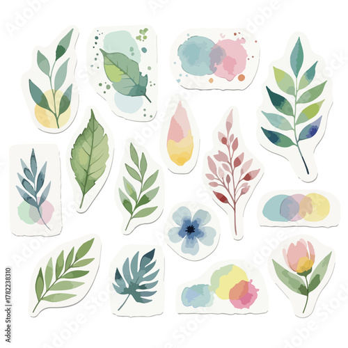 Watercolor Botanical Vector Pattern with Leaf and Flower Elements in Organic Style