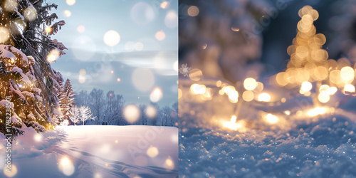 Winter forest with Christmas lights, Snowy scene with festive bokeh, Glowing holiday lights in snow