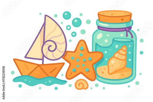 Cute nautical scene with paper boat, seashell sail, starfish, and glass jar holding sand and a shell