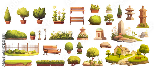 Park element cartoon set. Bench bush fence flower monument stone lantern, landscape decor city infrastructure vector illustration