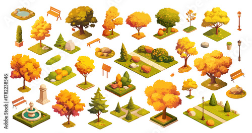 Park element isometric set. Autumn urban landscape, fountain tree paw bush lantern infrastructure garden decor vector illustration