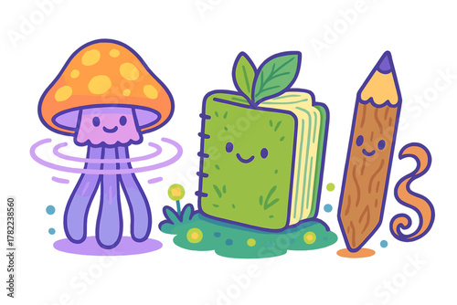 Cute anthropomorphic characters: magical mushroom, eco book, smiling pencil