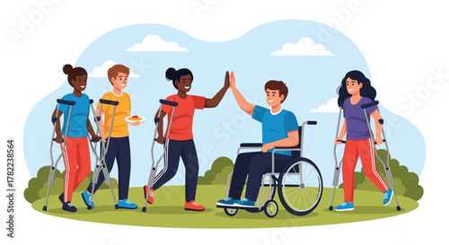 Diverse group of friends celebrating success, high-fiving in a park, embracing life with crutches and wheelchair