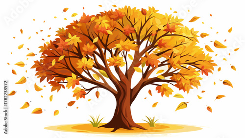 Very beautiful autumn tree with falling leaves on a clean white background, featuring simple natural shapes, warm seasonal colors, and a realistic minimal nature illustration.