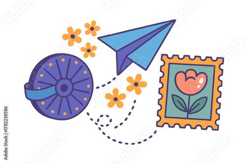 Colorful vintage graphic elements: paper airplane, postage stamp, ribbon spool
