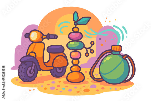 Bright orange scooter next to abstract colorful cairn and large green canteen for summer travel