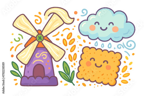 Cute cartoon purple windmill, smiling rain cloud, and happy cracker surrounded by wheat grains