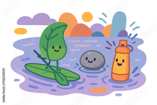 Cute leaf character paddle boarding with smiling rock and water bottle friends on a colorful lake