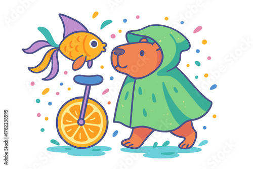 Cute capybara wearing a green raincoat walking next to a goldfish riding a unicycle