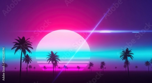 Vibrant sunset with palm trees in a synthwave style, with a gradient sky