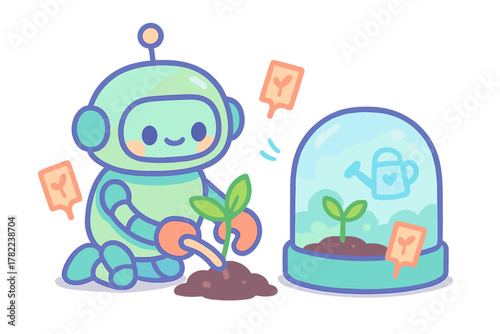 Friendly cartoon robot character planting a small green seedling next to a miniature glass dome terrarium