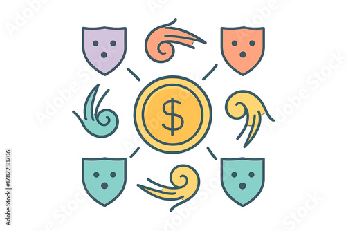 Dollar currency protected by multiple shields symbolizing financial security and risk management