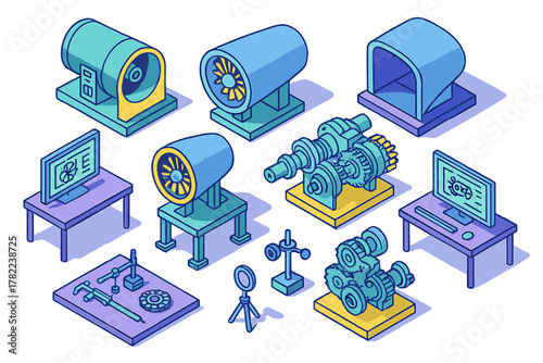 Isometric mechanical engineering components, industrial turbines, and testing equipment