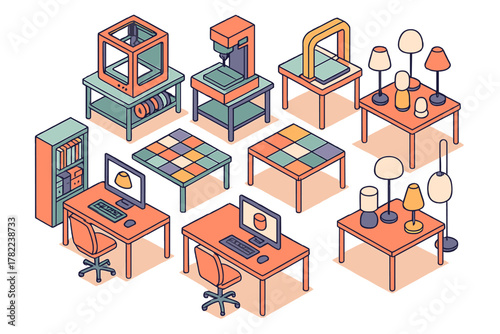 Isometric design and manufacturing equipment featuring 3D printers, CNC machines, computers, and lighting