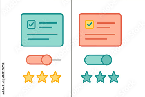 User interface components comparison featuring form cards, toggles, and star rating icons