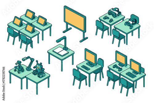 Modern educational technology stations including robotics, virtual reality, tablets, and computers