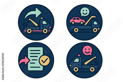 Towing service, vehicle recovery, customer satisfaction, and service agreement symbols