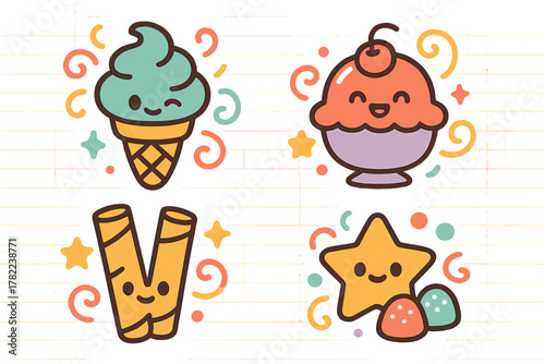 Smiling ice cream cone, dessert bowl, wafer sticks, and star characters set