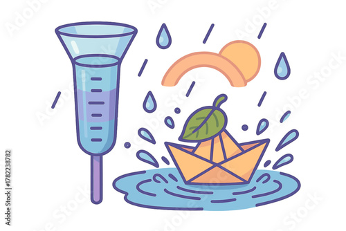 Rain gauge measuring precipitation next to a paper boat floating in a puddle