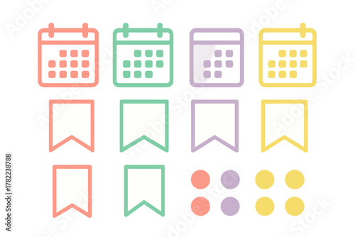 Pastel colored icons set for digital planning including calendars, bookmarks, and circular stickers