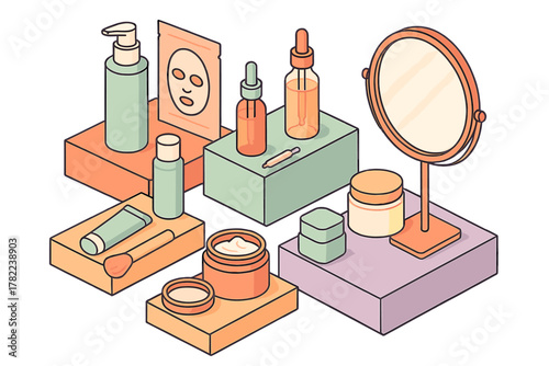 Isometric arrangement of various skincare and beauty products including serum bottles, cream jars, a face mask, and a vanity mirror