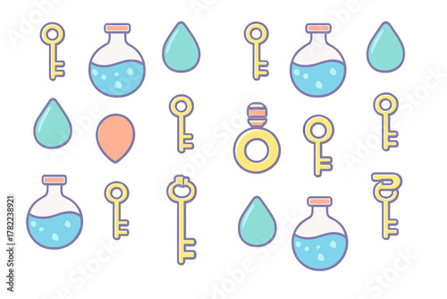 Seamless pattern featuring fantasy game assets like magic potion flasks and various golden keys