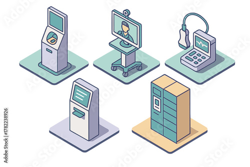 Modern automated service devices collection featuring medical diagnostic equipment and smart locker system