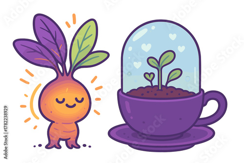 Adorable magical root vegetable creature glowing brightly beside a tiny plant growing inside a purple teacup terrarium