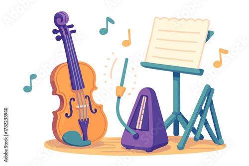 Stylized arrangement of a violin metronome and blank sheet music on a stand