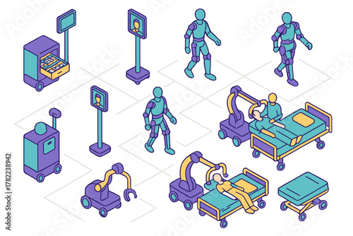 Futuristic medical technology set with robotic assistants, exoskeletons, and automated hospital equipment