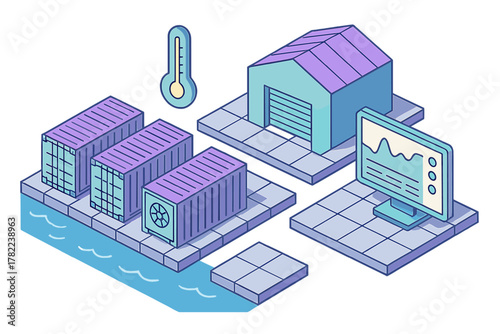 Isometric cold chain logistics management system with shipping containers, warehouse, and temperature monitoring