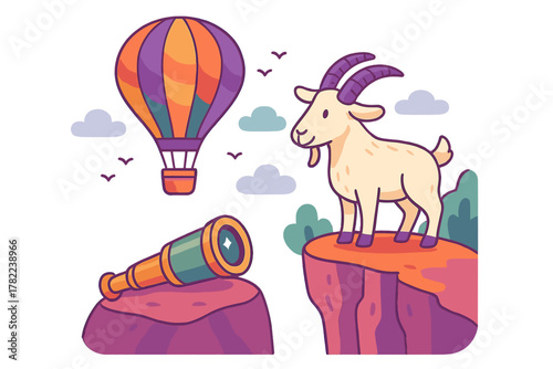 Mountain goat standing on a cliff overlooking a hot air balloon and telescope