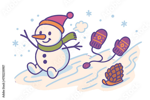 Cheerful snowman character sliding down a snowy hill with mittens and a pine cone sled