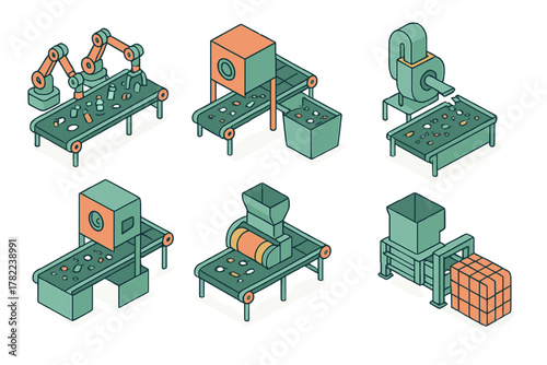 Automated industrial machinery sorting and processing plastic waste on a recycling conveyor belt system
