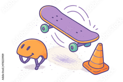 Floating skateboard, safety helmet, and traffic cone for skate park practice