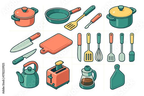 Colorful isometric collection of essential kitchenware and cooking appliances