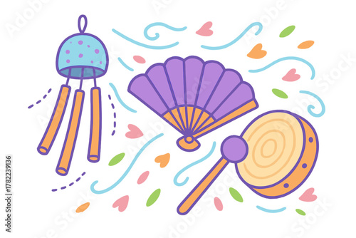 Traditional Japanese summer festival items including wind chime, folding fan, and hand drum
